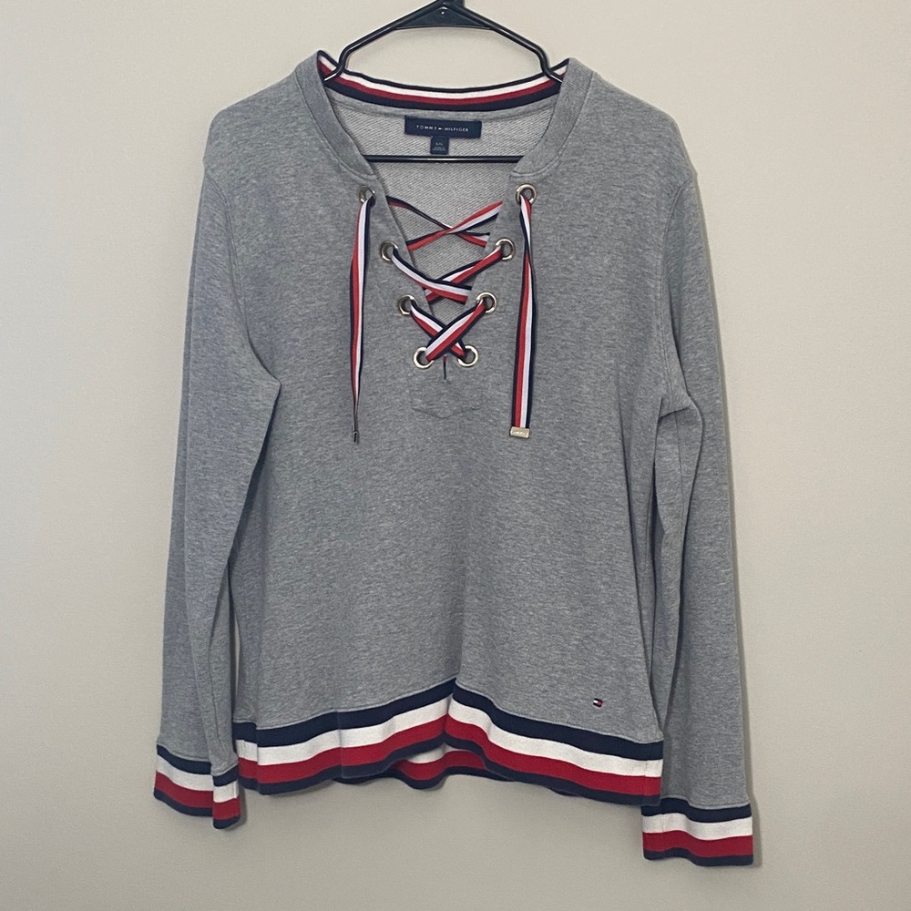 Tommy Hilfiger Gray Lace-Up Sweater with Red and White Accents